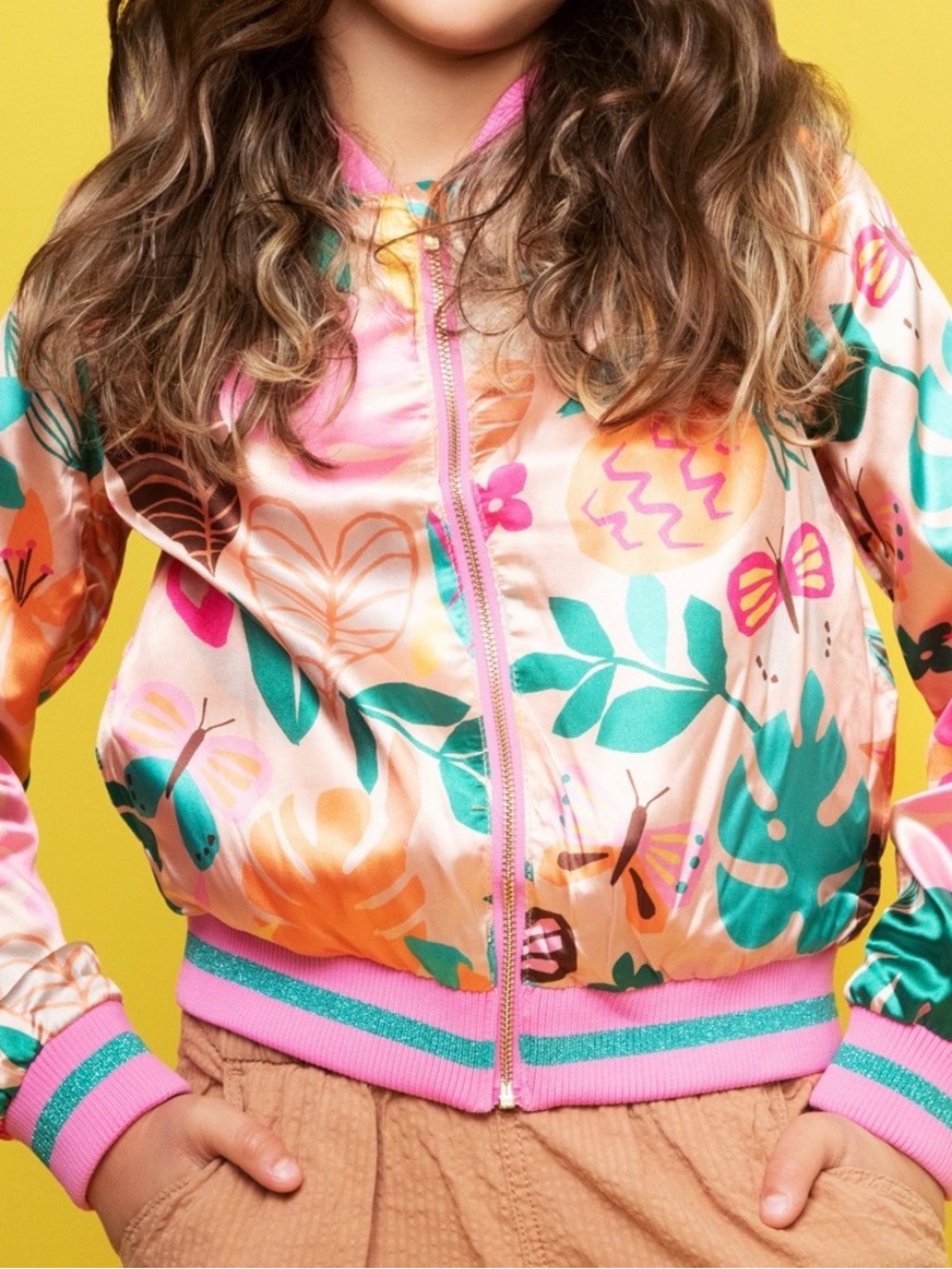 H&M Pink Floral Tropical Print Bomber Jacket